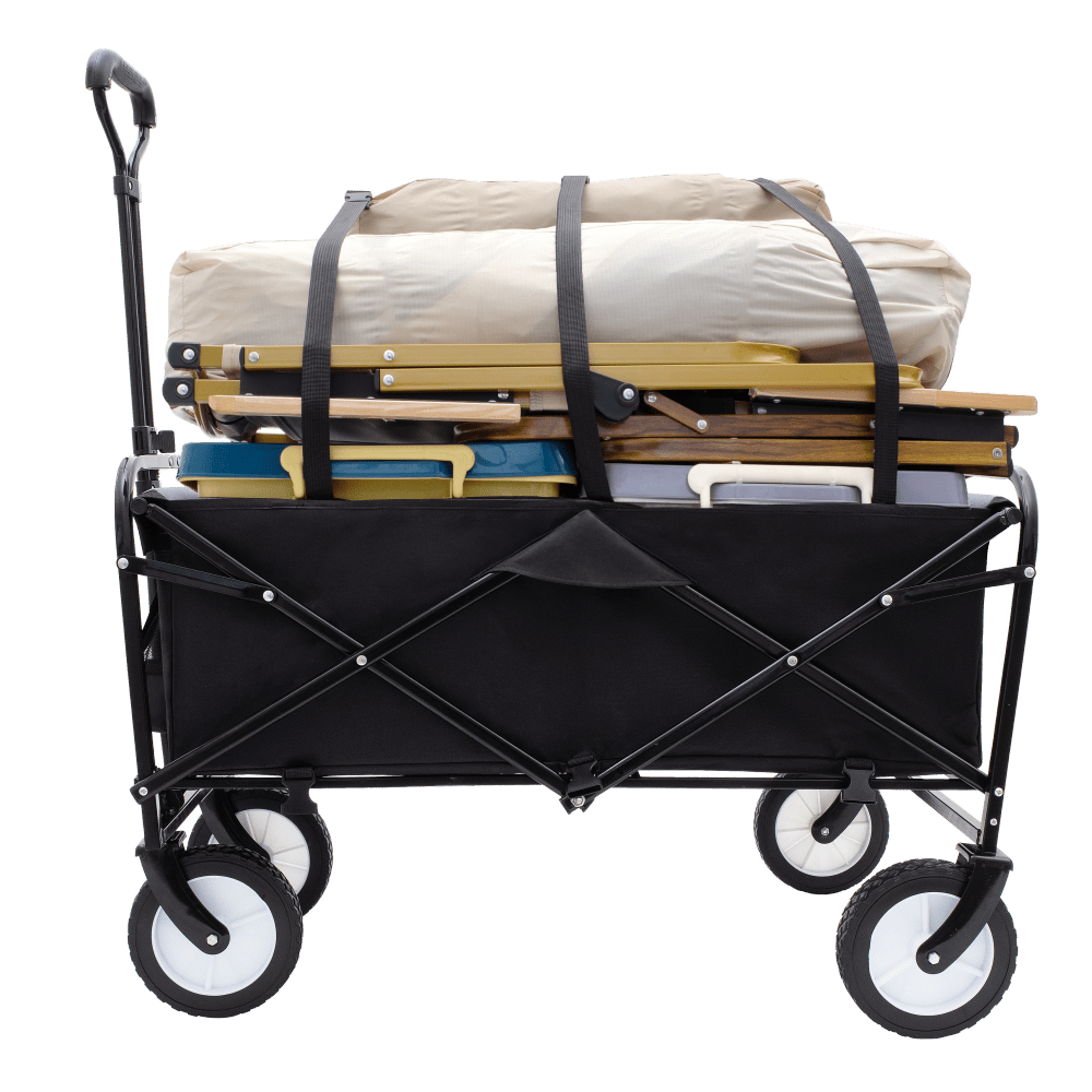 Collapsible Utility Wagon Cart With Strapping System For Beach Camping Shopping Gardening Fishing Supports 225lbs All-Terrain Wheels Black