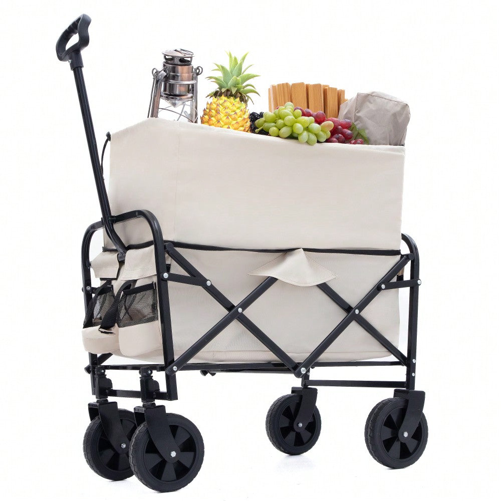 Heavy Duty Collapsible Beach Wagon Utility Cart For Camping Shopping Gardening Fishing - Supports 225lbs With All-Terrain Wheels - Dark Blue