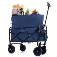 Heavy Duty Collapsible Beach Wagon Utility Cart For Camping Shopping Gardening Fishing - Supports 225lbs With All-Terrain Wheels - Dark Blue