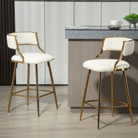 Set Of 2 Beige Corduroy Counter Height Bar Stools With Back And Golden Chrome Base Footrest For Kitchen Island