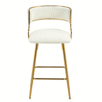 Set Of 2 Beige Corduroy Counter Height Bar Stools With Back And Golden Chrome Base Footrest For Kitchen Island