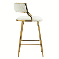 Set Of 2 Beige Corduroy Counter Height Bar Stools With Back And Golden Chrome Base Footrest For Kitchen Island