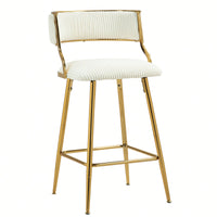 Set Of 2 Beige Corduroy Counter Height Bar Stools With Back And Golden Chrome Base Footrest For Kitchen Island