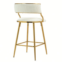 Set Of 2 Beige Corduroy Counter Height Bar Stools With Back And Golden Chrome Base Footrest For Kitchen Island