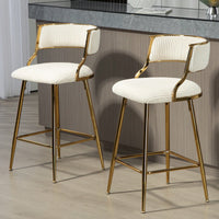 Set Of 2 Beige Corduroy Counter Height Bar Stools With Back And Golden Chrome Base Footrest For Kitchen Island