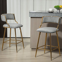 Set Of 2 Beige Corduroy Counter Height Bar Stools With Back And Golden Chrome Base Footrest For Kitchen Island