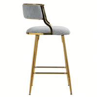 Set Of 2 Beige Corduroy Counter Height Bar Stools With Back And Golden Chrome Base Footrest For Kitchen Island