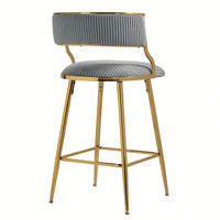Set Of 2 Beige Corduroy Counter Height Bar Stools With Back And Golden Chrome Base Footrest For Kitchen Island