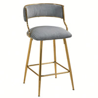 Set Of 2 Beige Corduroy Counter Height Bar Stools With Back And Golden Chrome Base Footrest For Kitchen Island
