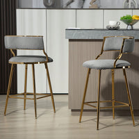 Set Of 2 Beige Corduroy Counter Height Bar Stools With Back And Golden Chrome Base Footrest For Kitchen Island