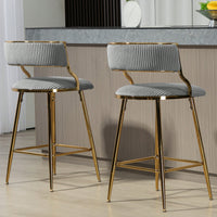 Set Of 2 Beige Corduroy Counter Height Bar Stools With Back And Golden Chrome Base Footrest For Kitchen Island