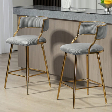 Set Of 2 Beige Corduroy Counter Height Bar Stools With Back And Golden Chrome Base Footrest For Kitchen Island