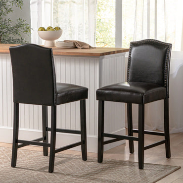 Set Of 2 Charcoal Upholstered Counter Height Barstools With Nailhead Trim And Walnut Legs