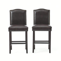 Set Of 2 Charcoal Upholstered Counter Height Barstools With Nailhead Trim And Walnut Legs