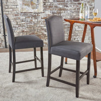 Set Of 2 Charcoal Upholstered Counter Height Barstools With Nailhead Trim And Walnut Legs