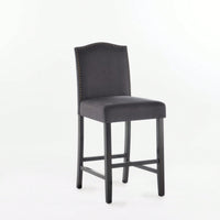 Set Of 2 Charcoal Upholstered Counter Height Barstools With Nailhead Trim And Walnut Legs