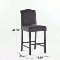 Set Of 2 Charcoal Upholstered Counter Height Barstools With Nailhead Trim And Walnut Legs