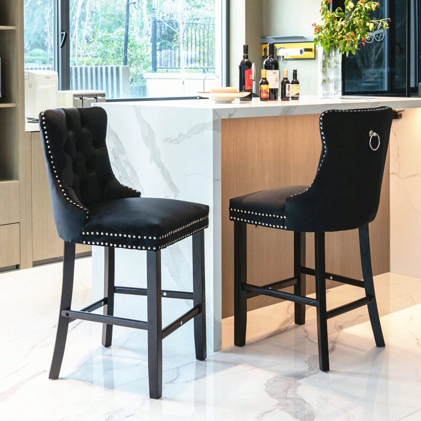 Contemporary Gray Velvet Barstools With Tufted Design And Wooden Legs, Set Of 2, Stylish Leisure Seating With Chrome Nailhead Trim