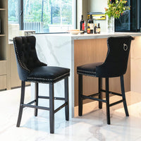 Contemporary Gray Velvet Barstools With Tufted Design And Wooden Legs, Set Of 2, Stylish Leisure Seating With Chrome Nailhead Trim