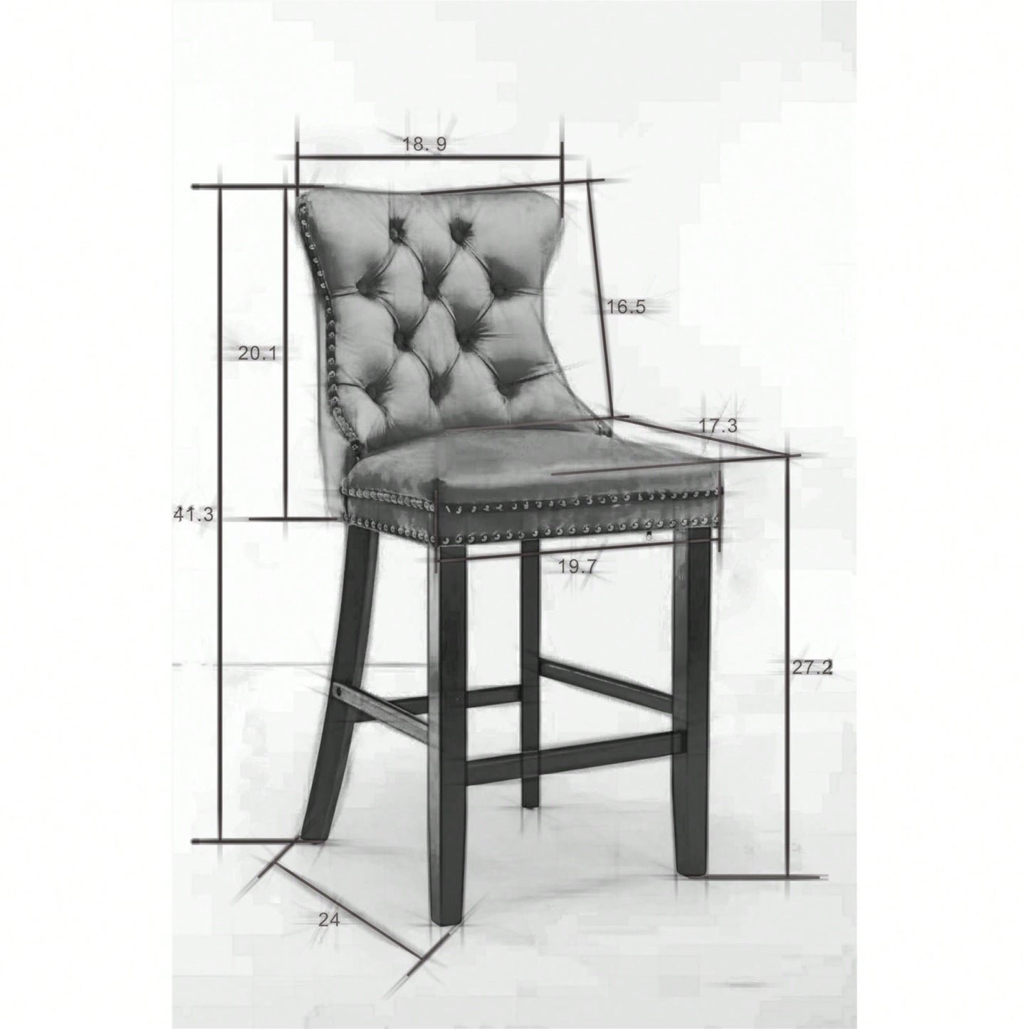 Contemporary Gray Velvet Barstools With Tufted Design And Wooden Legs, Set Of 2, Stylish Leisure Seating With Chrome Nailhead Trim