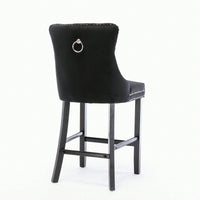 Contemporary Gray Velvet Barstools With Tufted Design And Wooden Legs, Set Of 2, Stylish Leisure Seating With Chrome Nailhead Trim