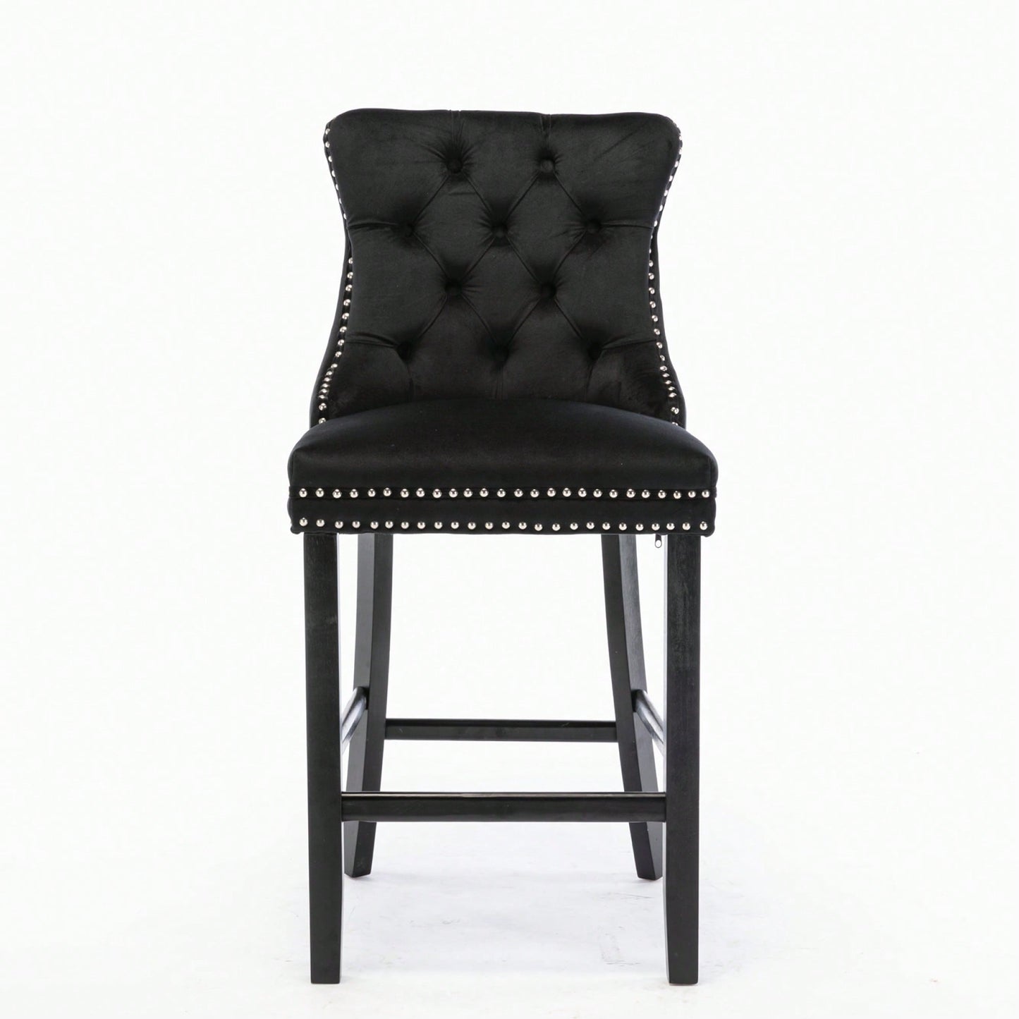 Contemporary Gray Velvet Barstools With Tufted Design And Wooden Legs, Set Of 2, Stylish Leisure Seating With Chrome Nailhead Trim