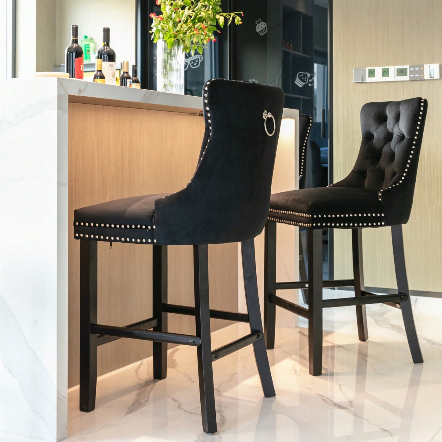 Contemporary Gray Velvet Barstools With Tufted Design And Wooden Legs, Set Of 2, Stylish Leisure Seating With Chrome Nailhead Trim