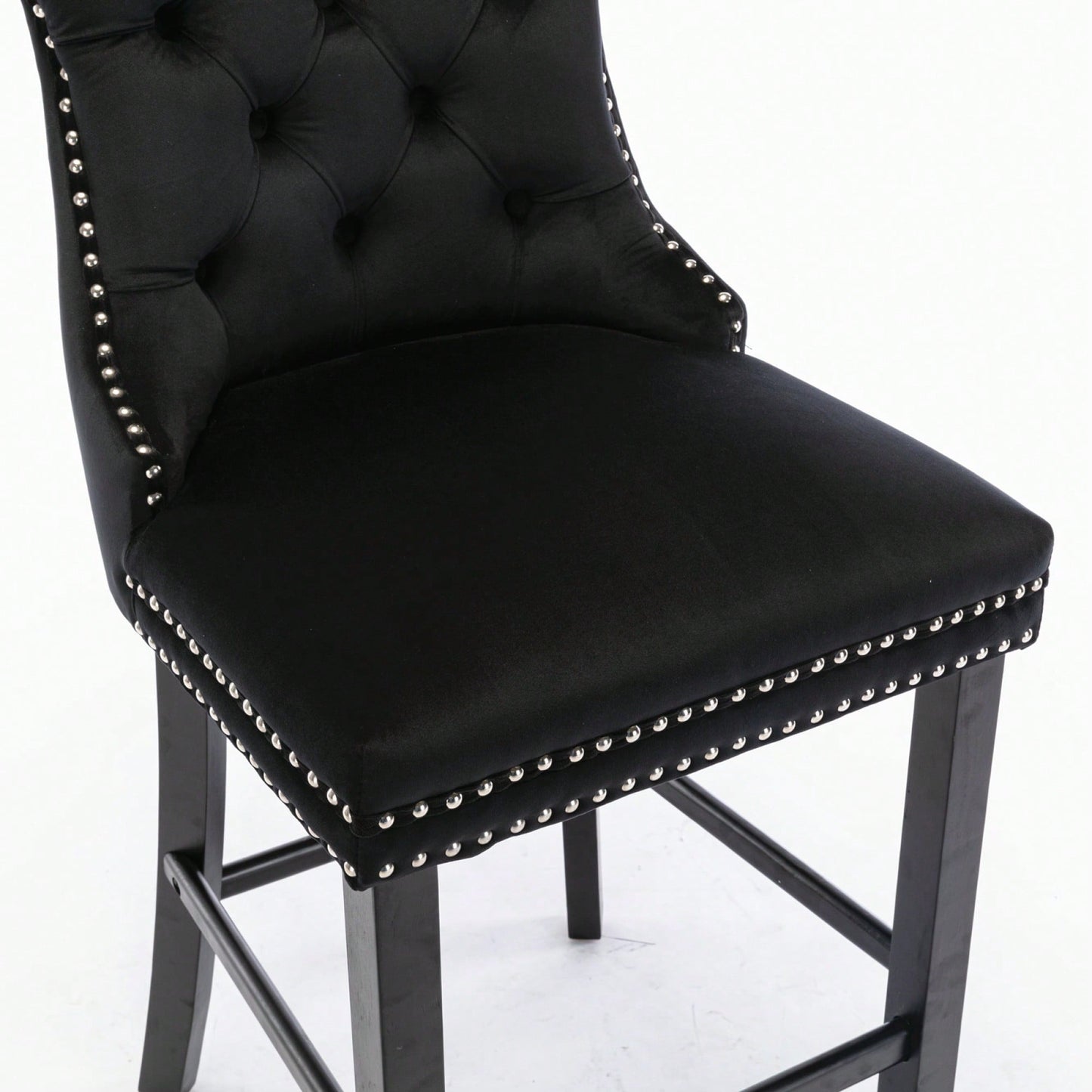 Contemporary Gray Velvet Barstools With Tufted Design And Wooden Legs, Set Of 2, Stylish Leisure Seating With Chrome Nailhead Trim