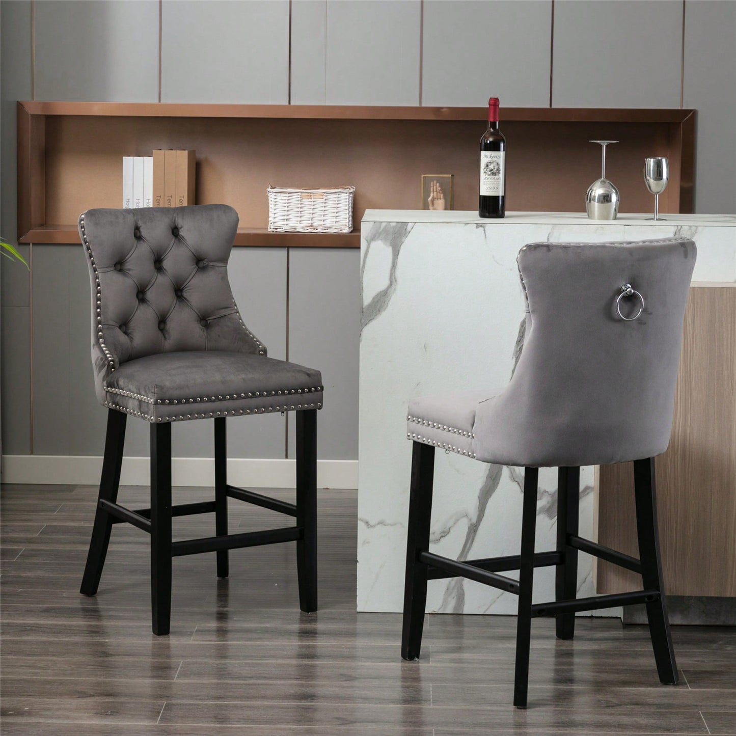Contemporary Gray Velvet Barstools With Tufted Design And Wooden Legs, Set Of 2, Stylish Leisure Seating With Chrome Nailhead Trim
