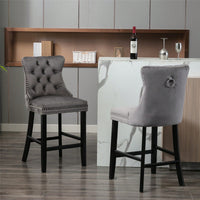 Contemporary Gray Velvet Barstools With Tufted Design And Wooden Legs, Set Of 2, Stylish Leisure Seating With Chrome Nailhead Trim