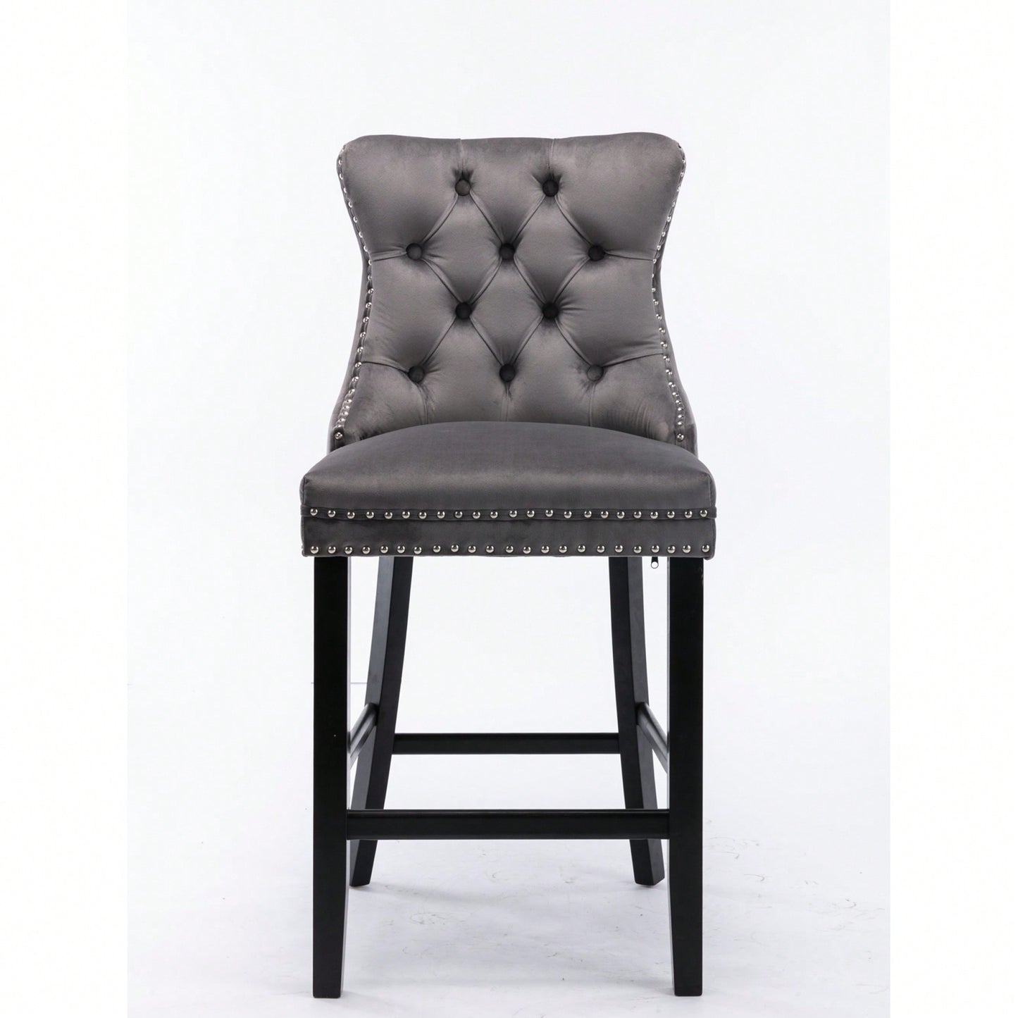 Contemporary Gray Velvet Barstools With Tufted Design And Wooden Legs, Set Of 2, Stylish Leisure Seating With Chrome Nailhead Trim