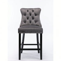 Contemporary Gray Velvet Barstools With Tufted Design And Wooden Legs, Set Of 2, Stylish Leisure Seating With Chrome Nailhead Trim