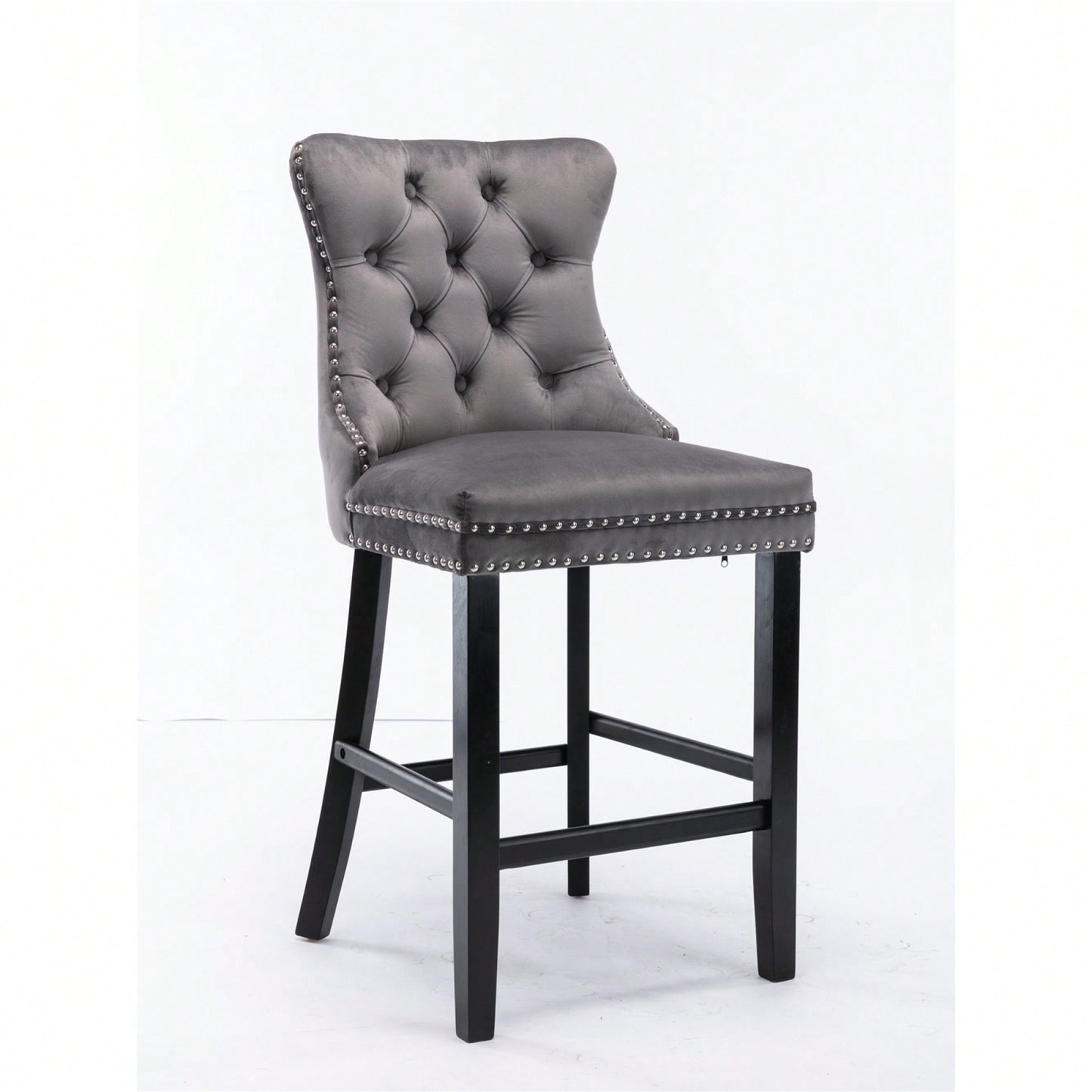 Contemporary Gray Velvet Barstools With Tufted Design And Wooden Legs, Set Of 2, Stylish Leisure Seating With Chrome Nailhead Trim