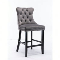 Contemporary Gray Velvet Barstools With Tufted Design And Wooden Legs, Set Of 2, Stylish Leisure Seating With Chrome Nailhead Trim