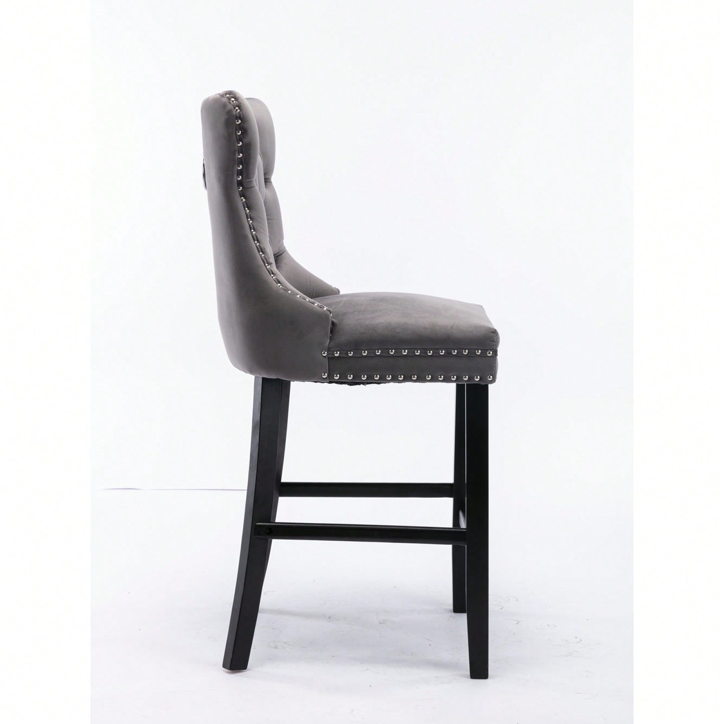 Contemporary Gray Velvet Barstools With Tufted Design And Wooden Legs, Set Of 2, Stylish Leisure Seating With Chrome Nailhead Trim