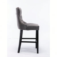 Contemporary Gray Velvet Barstools With Tufted Design And Wooden Legs, Set Of 2, Stylish Leisure Seating With Chrome Nailhead Trim