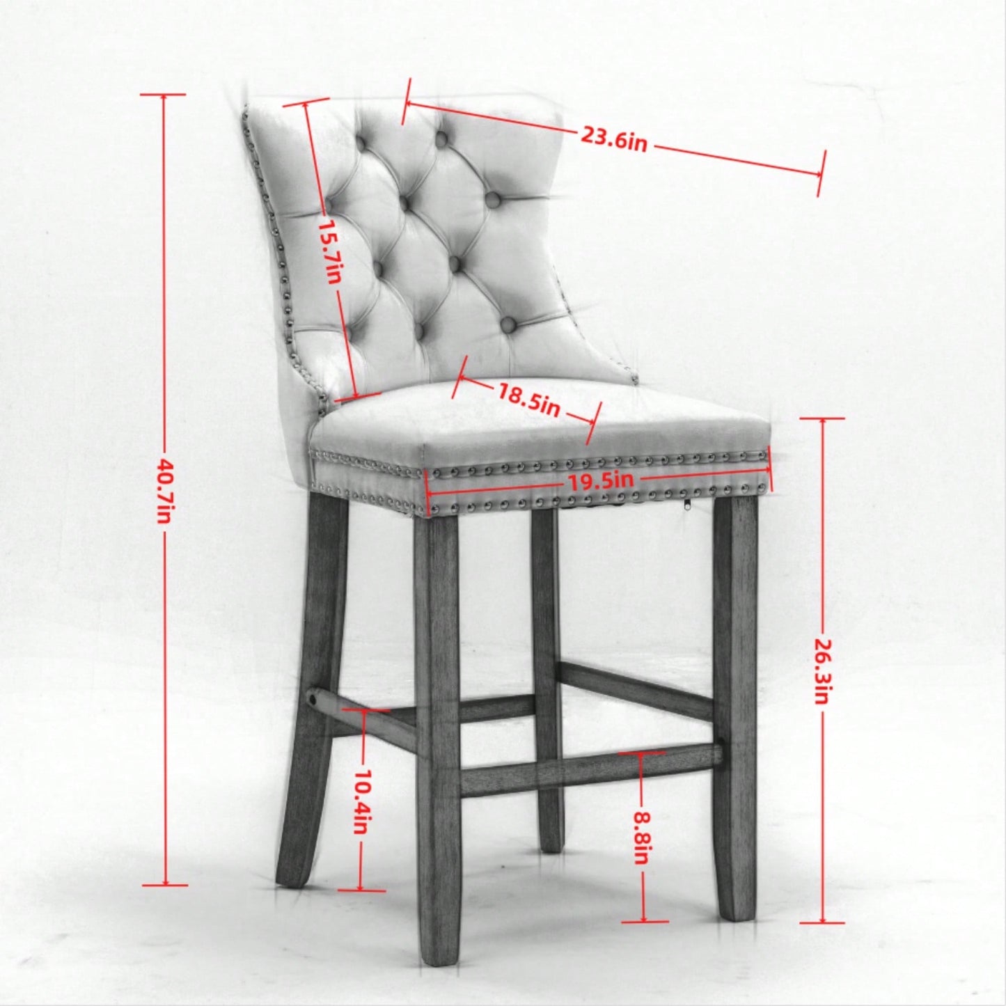 Contemporary Gray Velvet Barstools With Tufted Design And Wooden Legs, Set Of 2, Stylish Leisure Seating With Chrome Nailhead Trim