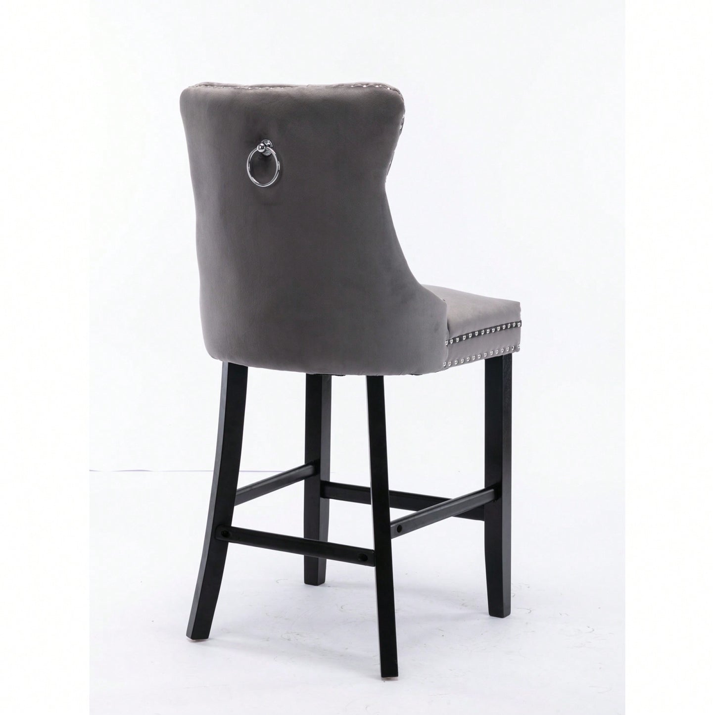 Contemporary Gray Velvet Barstools With Tufted Design And Wooden Legs, Set Of 2, Stylish Leisure Seating With Chrome Nailhead Trim