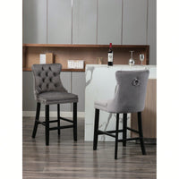 Contemporary Gray Velvet Barstools With Tufted Design And Wooden Legs, Set Of 2, Stylish Leisure Seating With Chrome Nailhead Trim