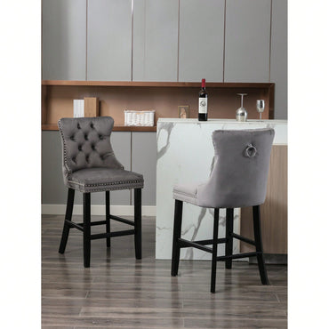 Contemporary Gray Velvet Barstools With Tufted Design And Wooden Legs, Set Of 2, Stylish Leisure Seating With Chrome Nailhead Trim