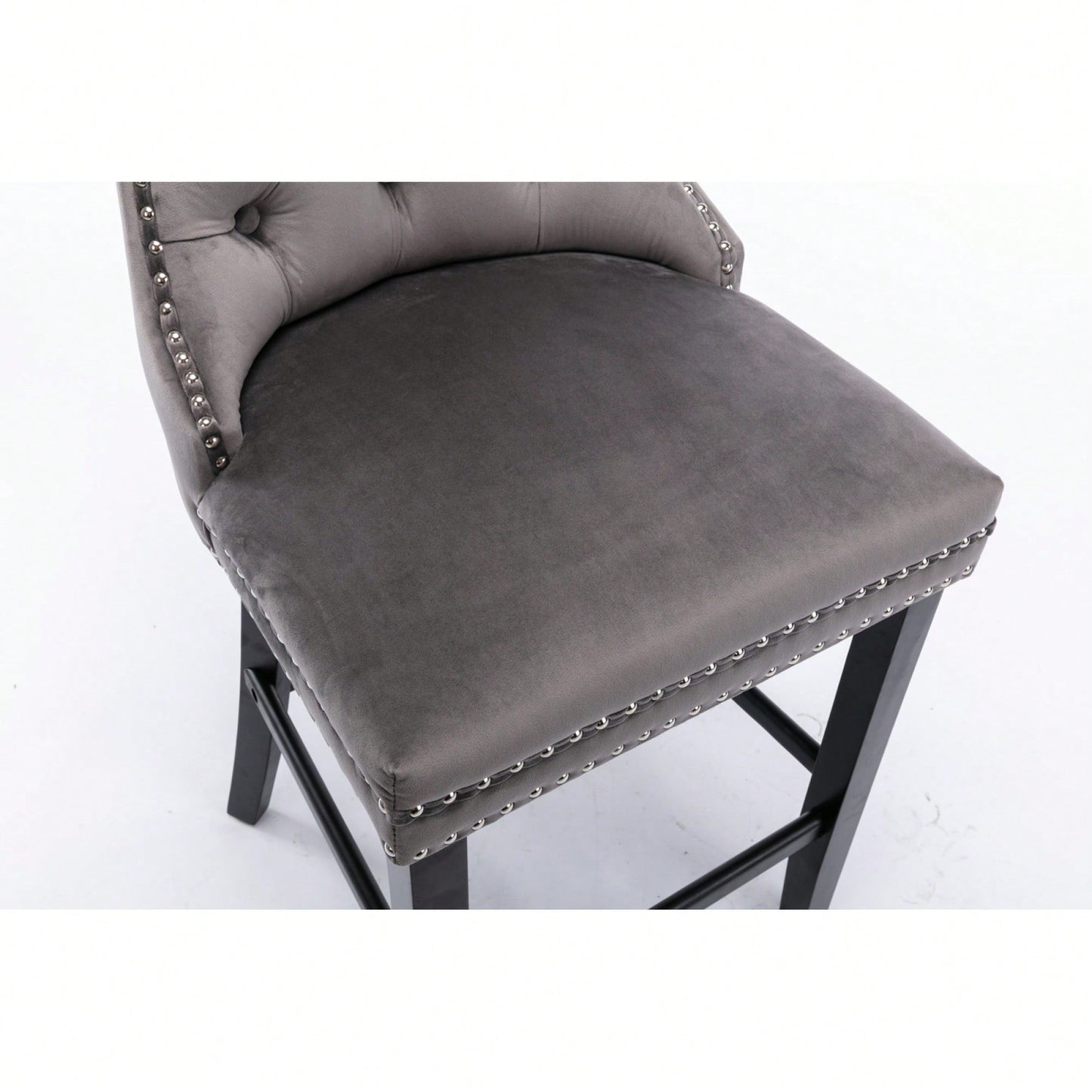 Contemporary Gray Velvet Barstools With Tufted Design And Wooden Legs, Set Of 2, Stylish Leisure Seating With Chrome Nailhead Trim