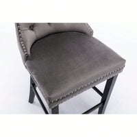 Contemporary Gray Velvet Barstools With Tufted Design And Wooden Legs, Set Of 2, Stylish Leisure Seating With Chrome Nailhead Trim