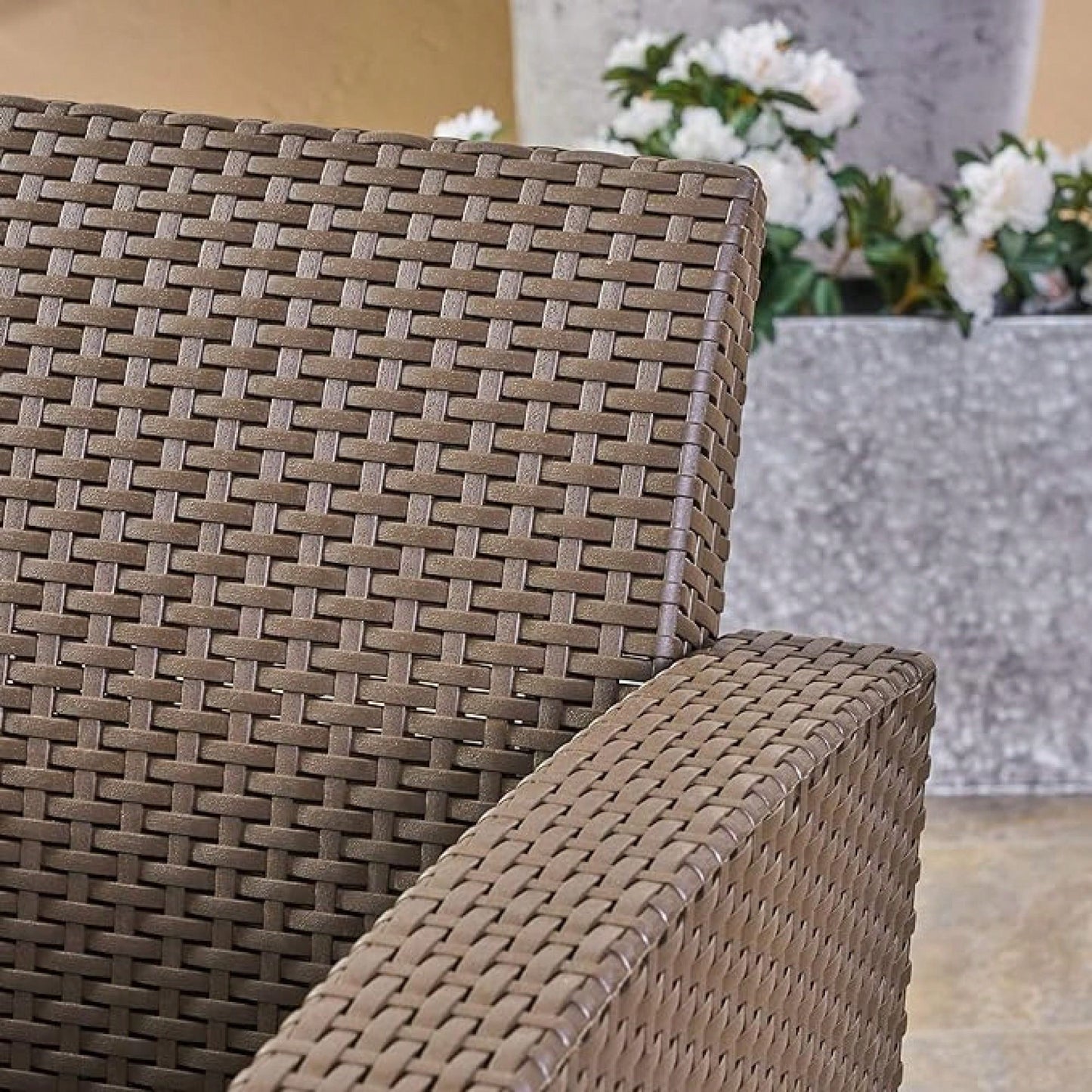 Outdoor Faux Wicker Club Chairs With Light Grey Water Resistant Cushions For Patio And Garden