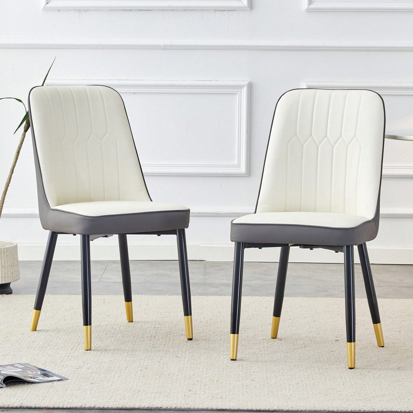 Modern Dual Tone PU Leather Dining Chair Set With Black Metal Legs For Kitchen, Bedroom, And Office - Set Of 2