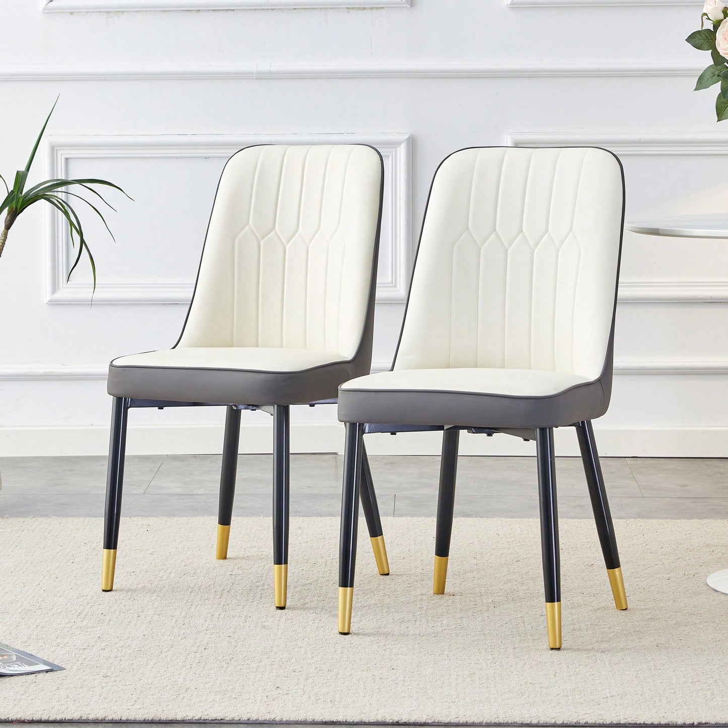 Modern Dual Tone PU Leather Dining Chair Set With Black Metal Legs For Kitchen, Bedroom, And Office - Set Of 2