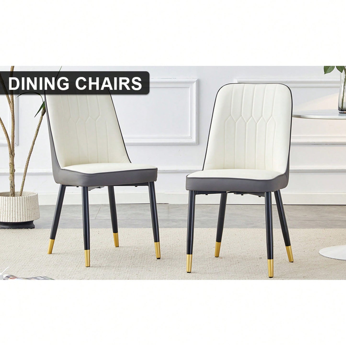 Modern Dual Tone PU Leather Dining Chair Set With Black Metal Legs For Kitchen, Bedroom, And Office - Set Of 2