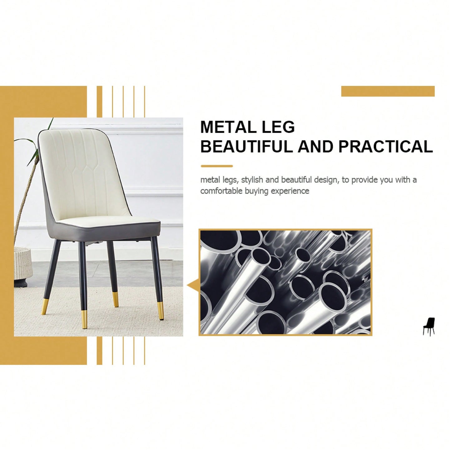 Modern Dual Tone PU Leather Dining Chair Set With Black Metal Legs For Kitchen, Bedroom, And Office - Set Of 2