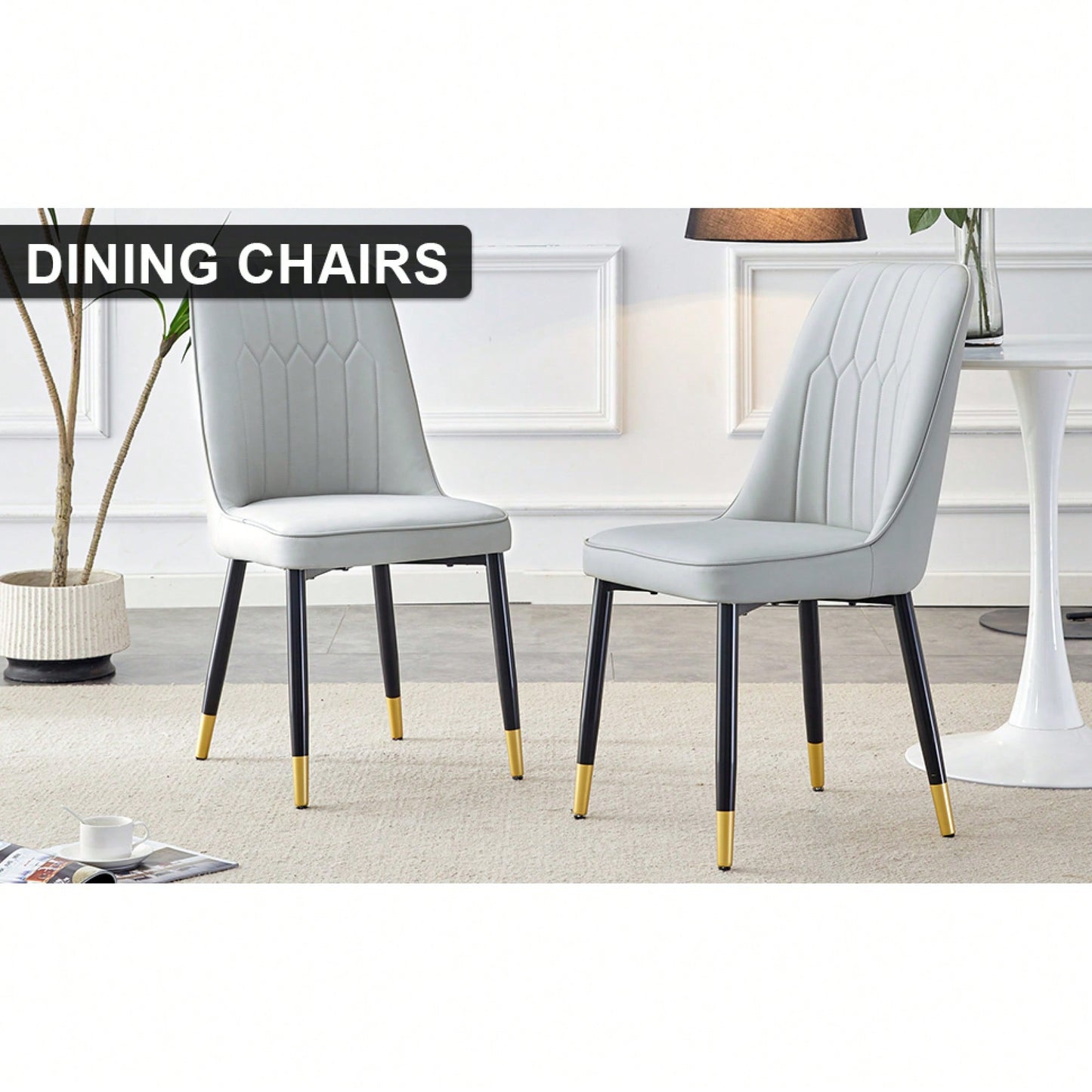 Modern Dual Tone PU Leather Dining Chair Set With Black Metal Legs For Kitchen, Bedroom, And Office - Set Of 2
