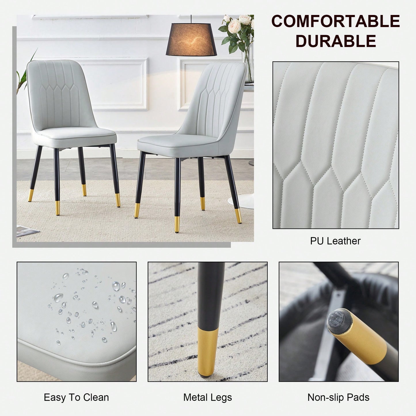 Modern Dual Tone PU Leather Dining Chair Set With Black Metal Legs For Kitchen, Bedroom, And Office - Set Of 2