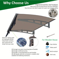 Crystal Clear Polycarbonate Door Window Awning With Aluminum Alloy Valance 47 Inch Wide X 34 Inch Deep For Wooden Wall Home Brown Roof